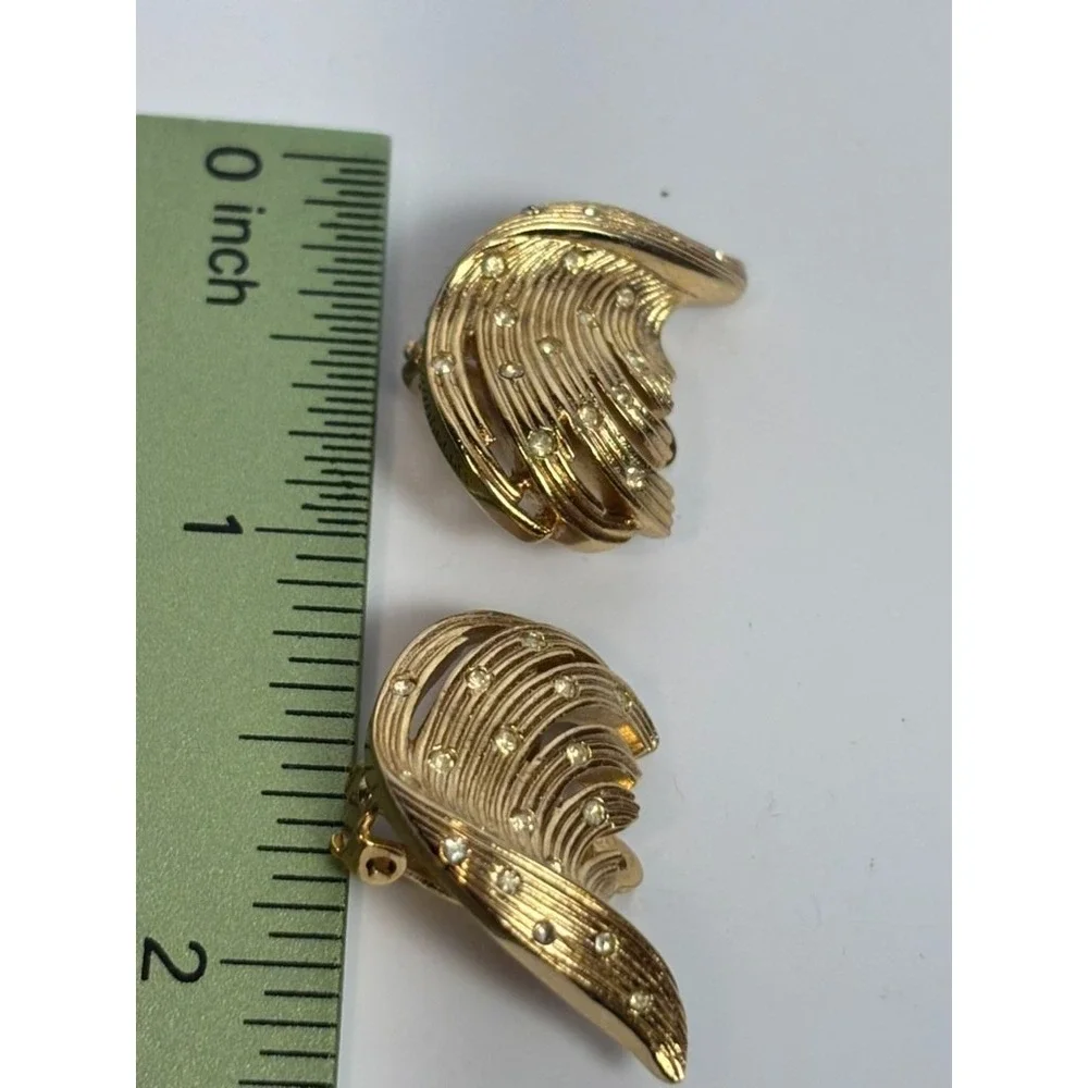 Earrings Statement‎ Pieces Vintage Elegant Gold Tone Rhinestone Feather